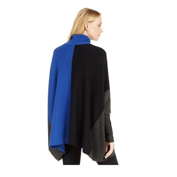 Alfani‎ Black Blue Grey Colorblock Asymmetrical Hem Turtleneck Poncho Sweater Sm - Picture 3 of 13